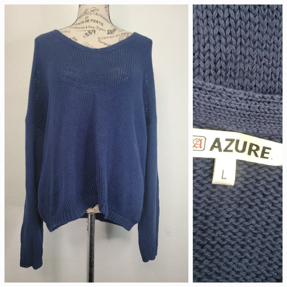 AZURE Sweatshirt Top Womens SZ L Fishnet Semi Open Knit Boxy Long Sleeves Blue